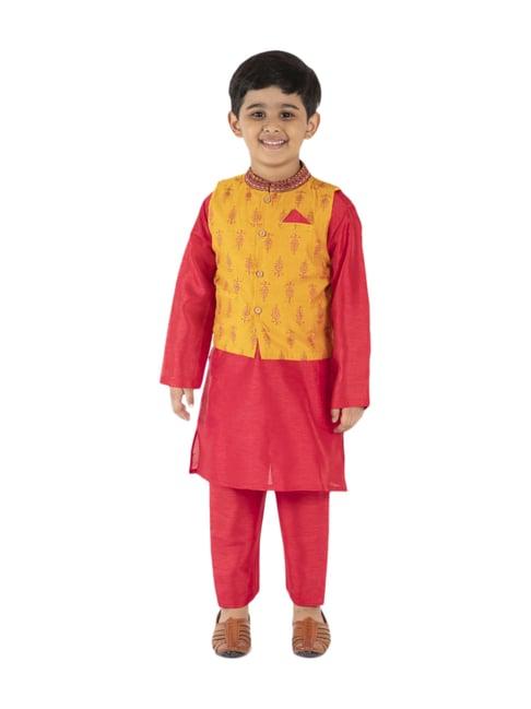 kid1 kids red & yellow embroidered kurta & pyjamas with nehru jacket