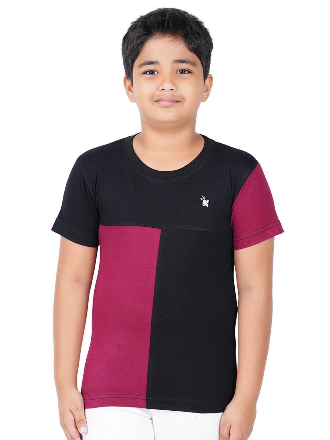 kiddeo boys black& maroon colourblocked slim fit t-shirt