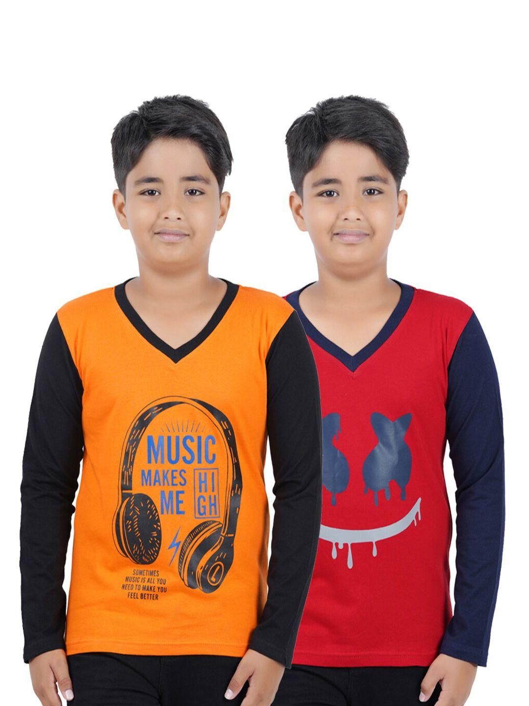 kiddeo boys pack of 2 typography printed v-neck slim fit cotton t-shirts