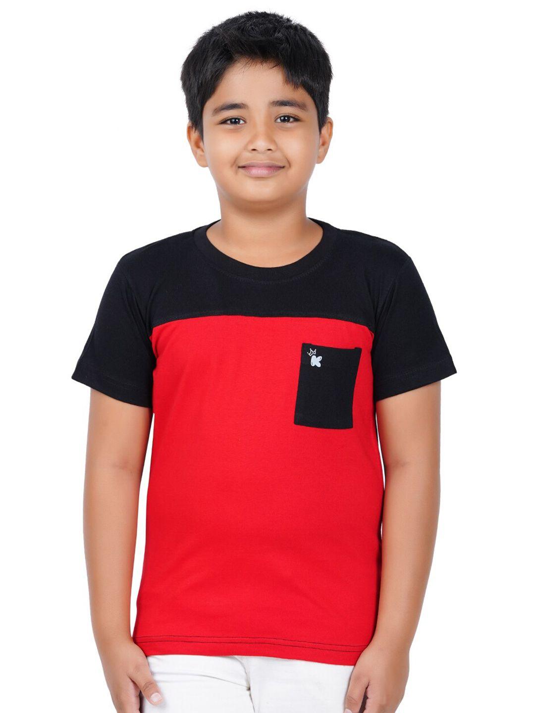 kiddeo boys red & black colourblocked pockets slim fit t-shirt
