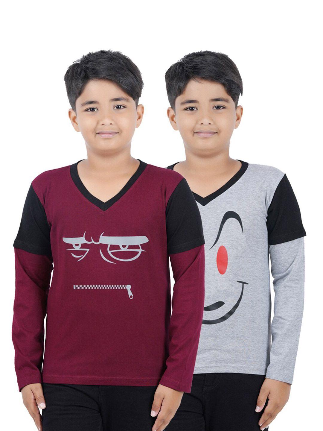 kiddeo set-2 boys maroon& grey v-neck slim fit t-shirt
