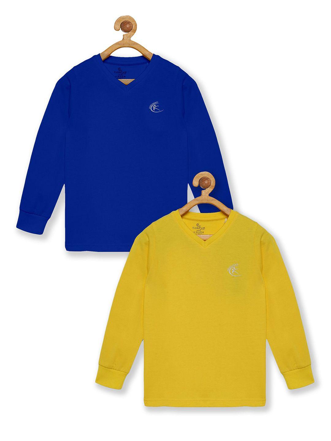 kiddopanti boys blue & yellow pack of 2 v-neck pure cotton t-shirt