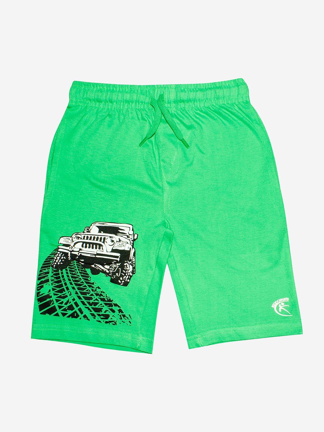 kiddopanti boys green jeep printed pure cotton shorts