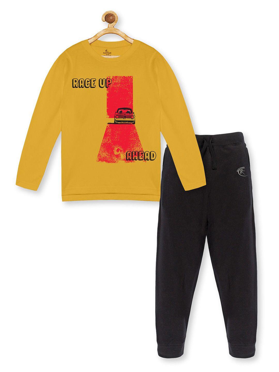 kiddopanti boys mustard & black printed pure cotton t-shirt with trousers