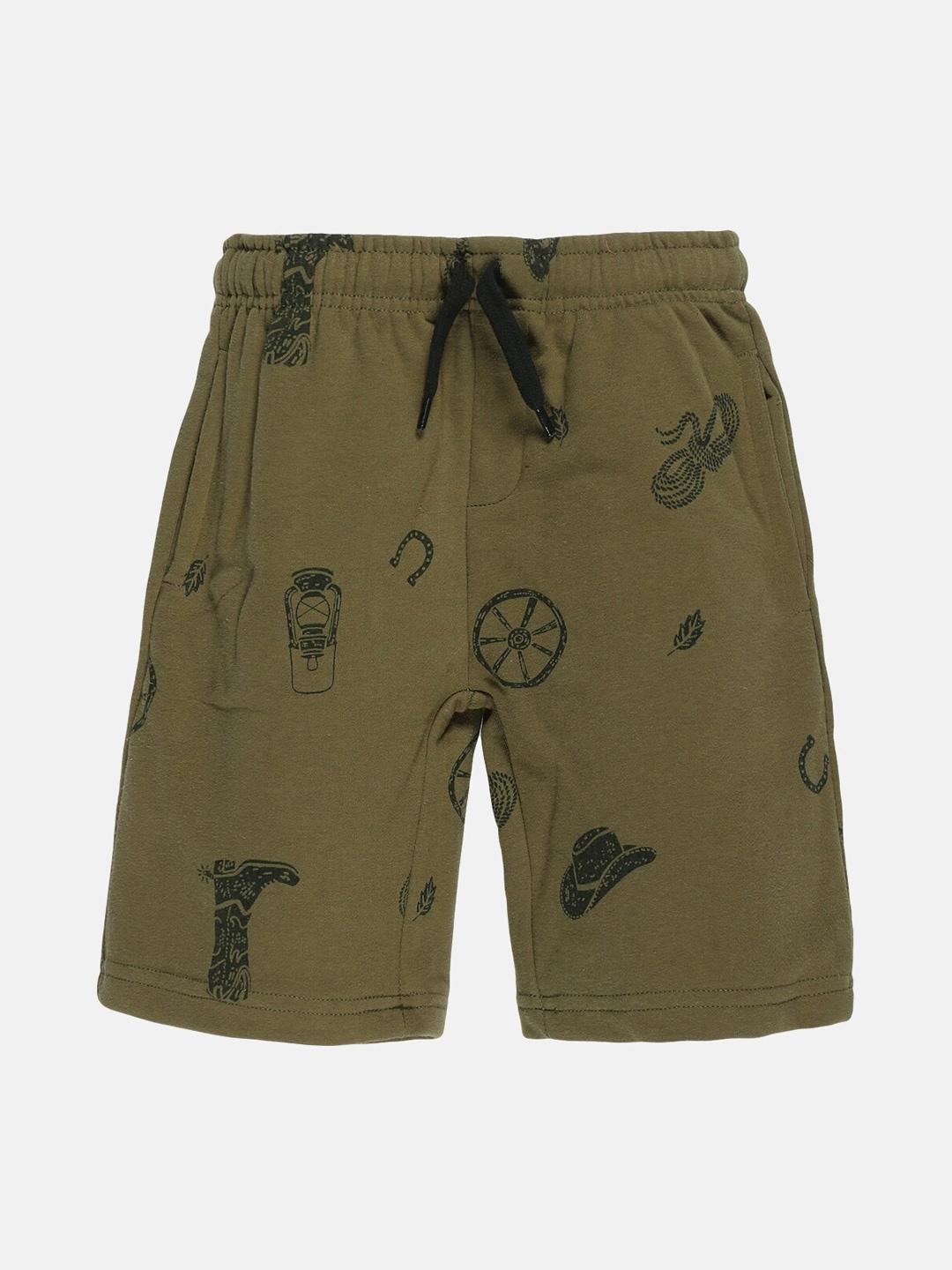 kiddopanti boys olive green printed shorts