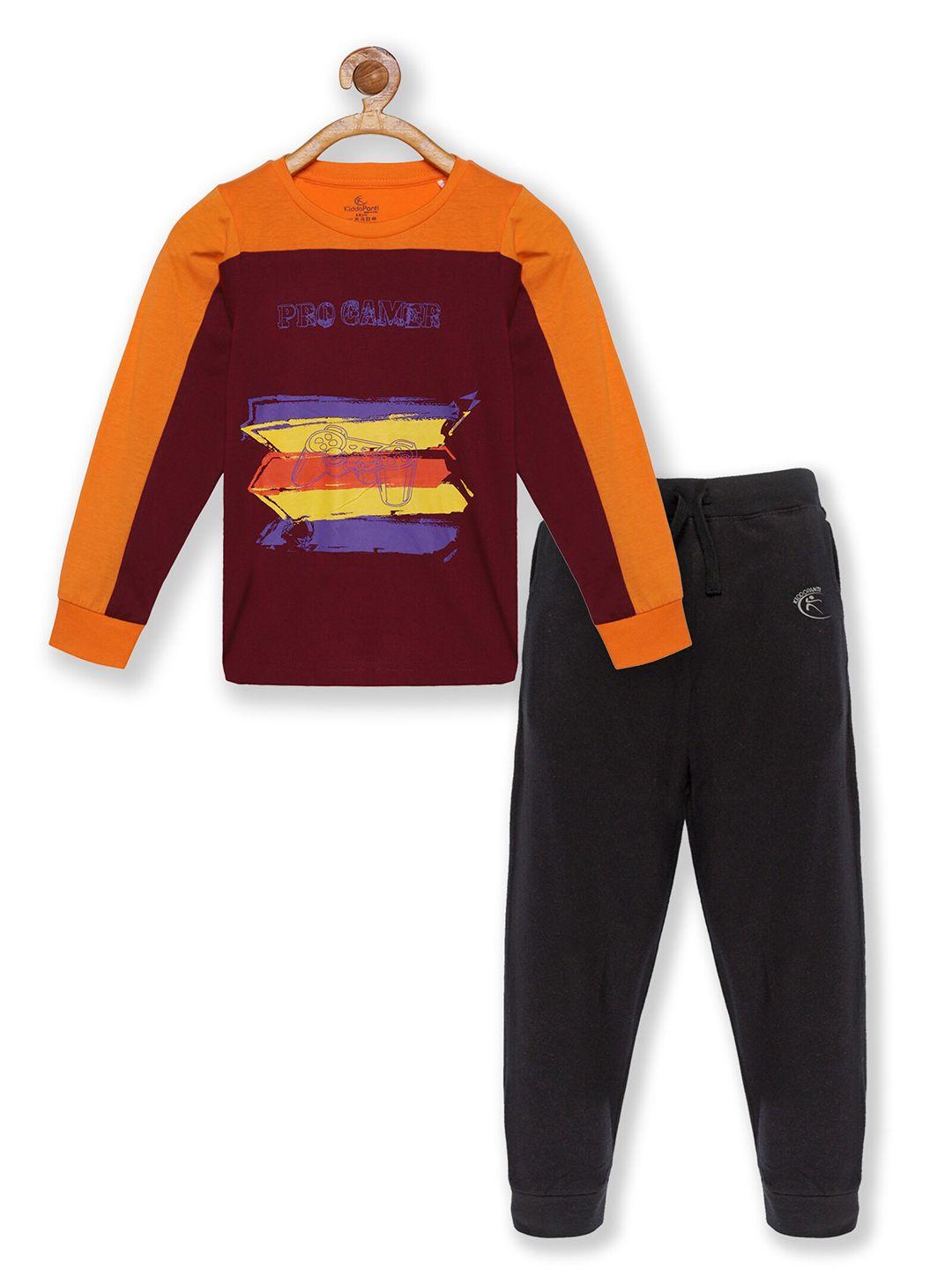 kiddopanti boys orange & maroon printed pure cotton t-shirt & track pant