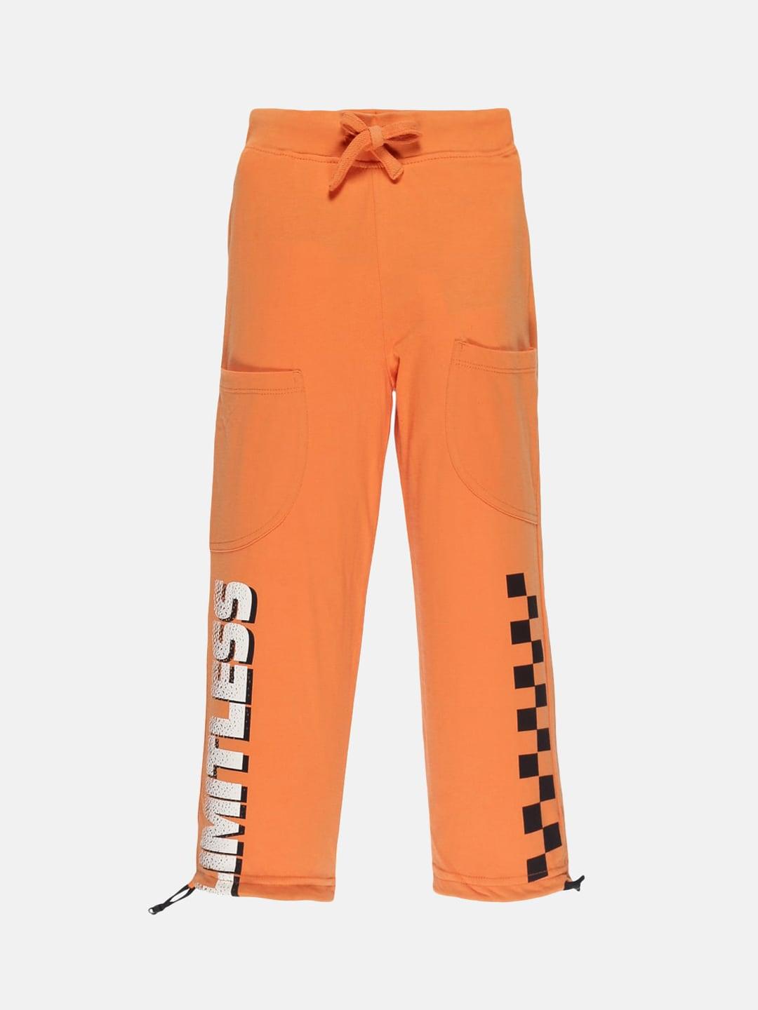 kiddopanti boys orange-colored printed pure cotton track pants