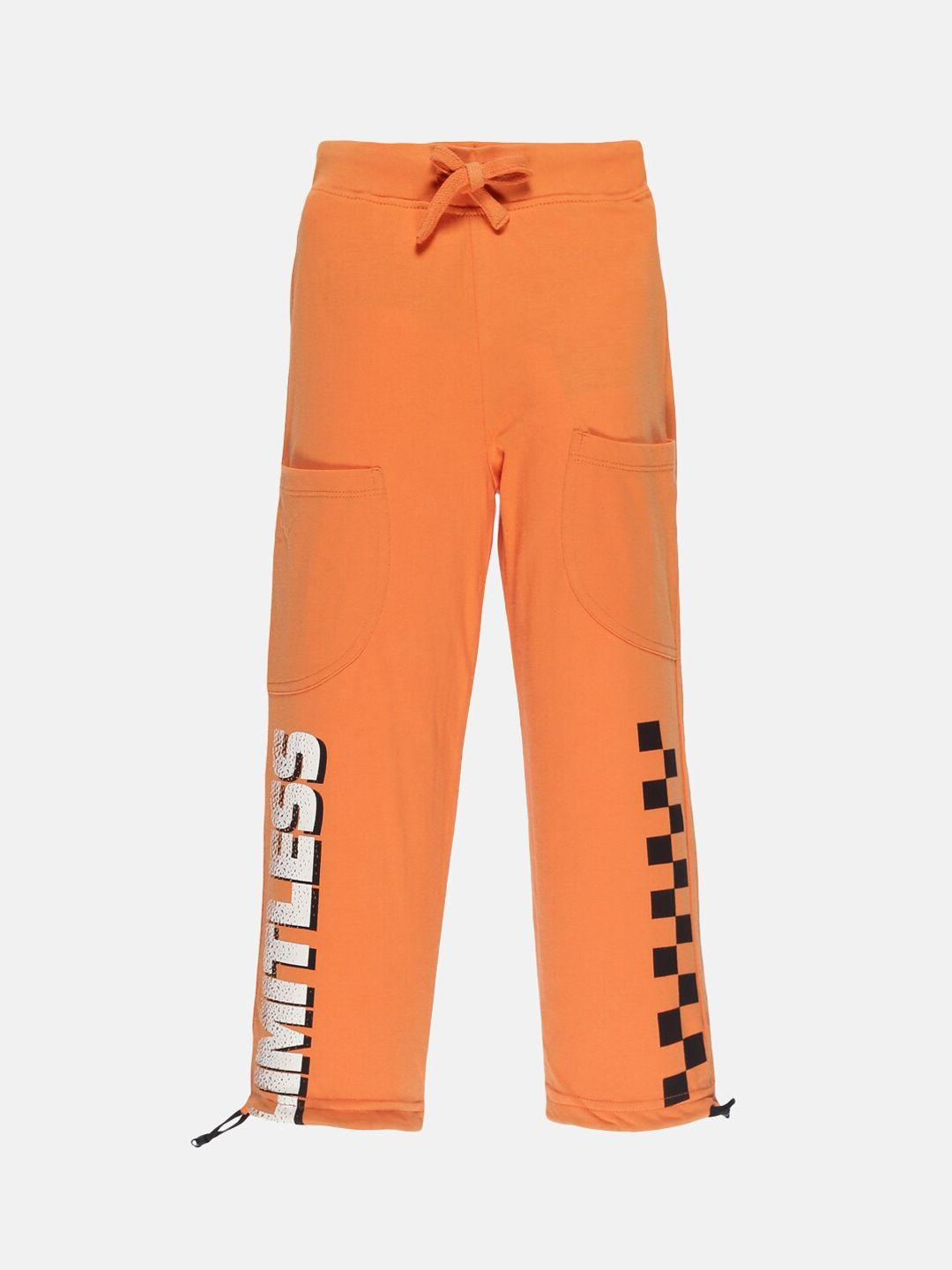 kiddopanti boys orange-colored printed pure cotton track pants