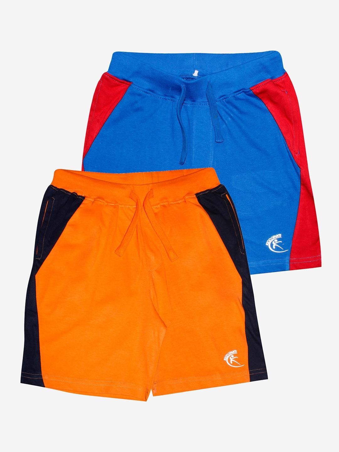 kiddopanti boys pack of 2 orange& blue cotton shorts