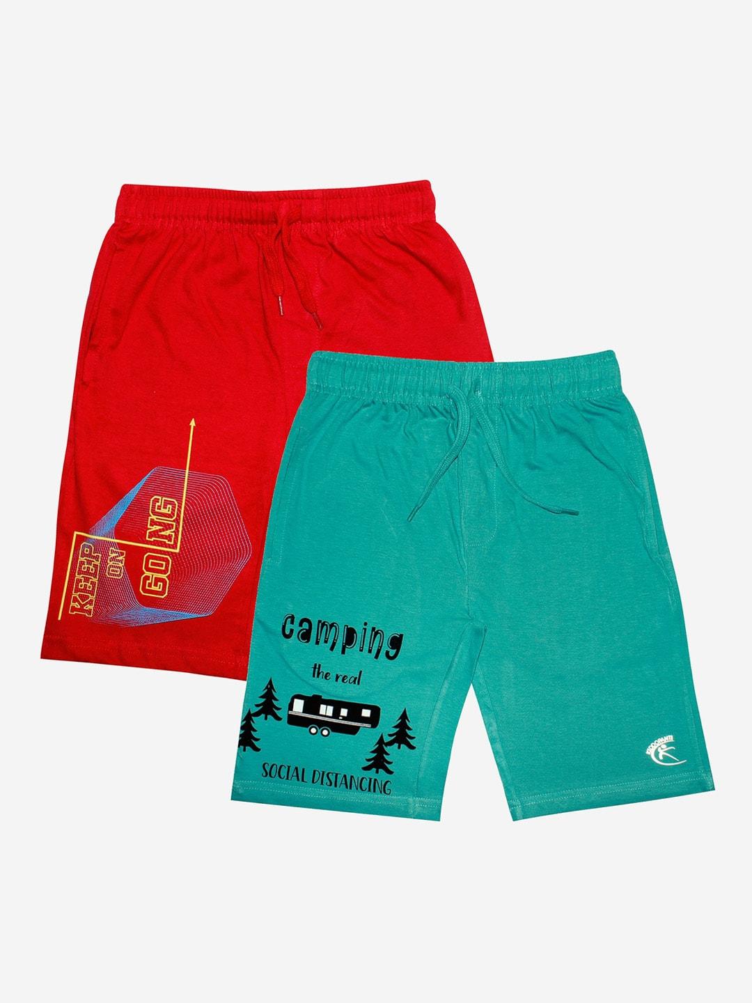 kiddopanti boys pack of 2 teal & red printed sports shorts