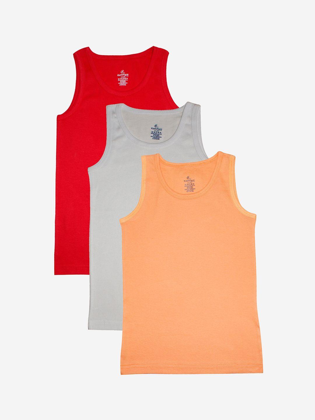 kiddopanti boys pack of 3 red & orange solid pure cotton solid innerwear vest