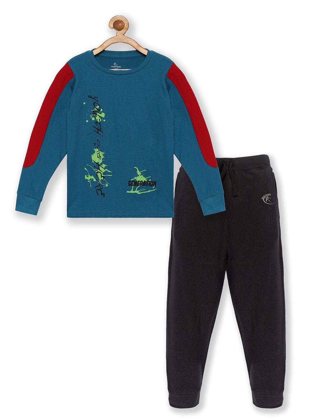 kiddopanti boys teal & black cotton printed t-shirt and pyjama set