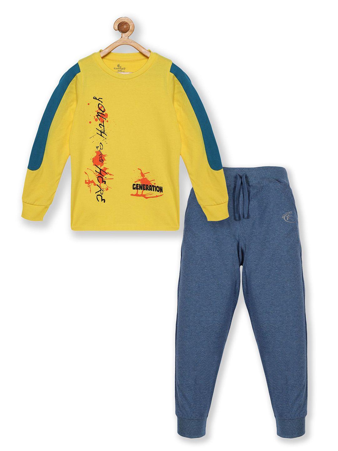 kiddopanti boys yellow & blue printed pure cotton t-shirt with track pant
