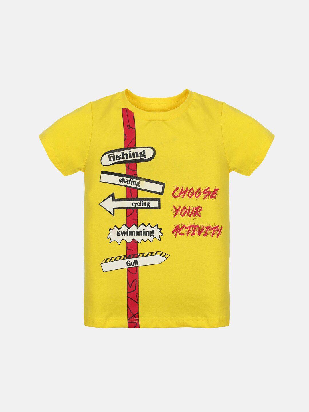 kiddopanti boys yellow & red printed regular fit t-shirt