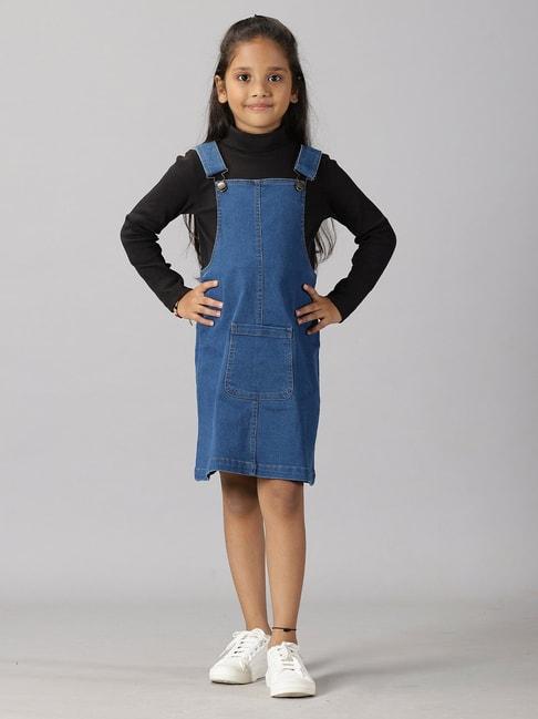 kiddopanti-kids-black-&-blue-solid-full-sleeves-top-with-dungaree-skirt