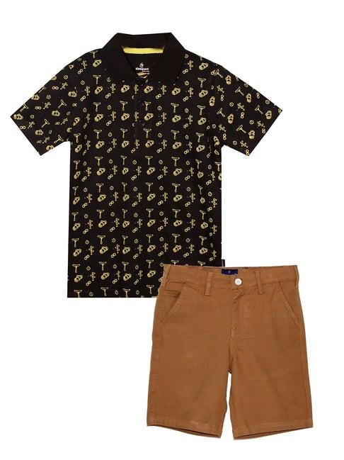 kiddopanti kids black & brown printed polo t-shirt with shorts