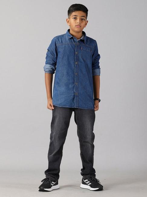 kiddopanti kids blue & black solid full sleeves shirt with jeans