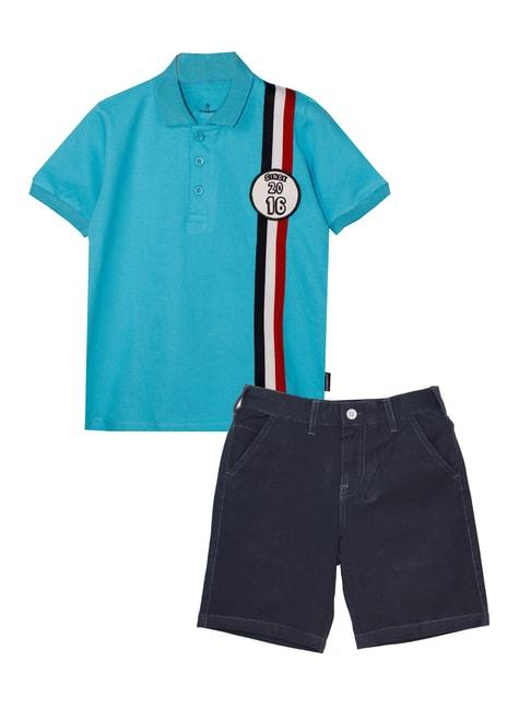 kiddopanti kids blue & dark grey printed polo t-shirt with shorts