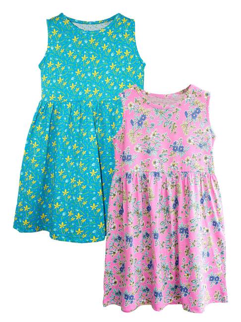 kiddopanti kids blue & light pink floral print dress (pack of 2)