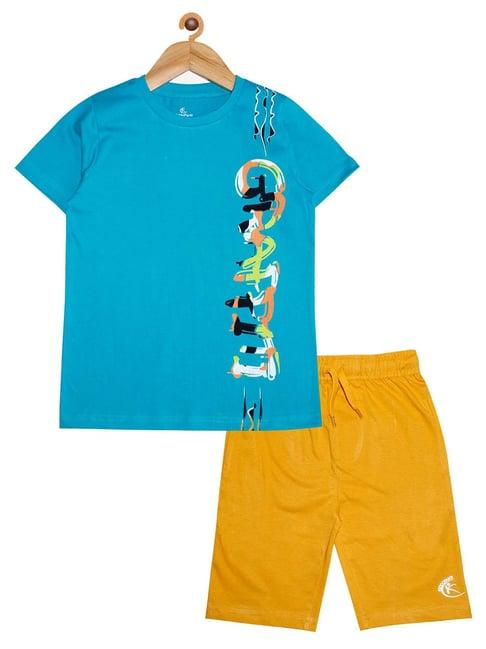 kiddopanti kids blue & mustard printed t-shirt with shorts