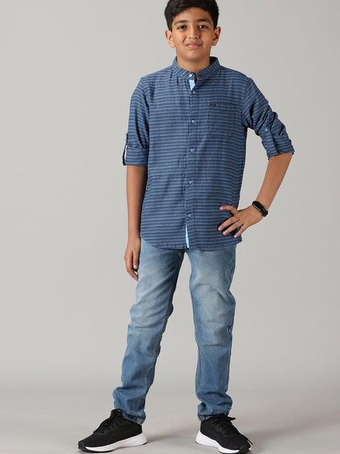 kiddopanti kids blue printed full sleeves shirt with jeans