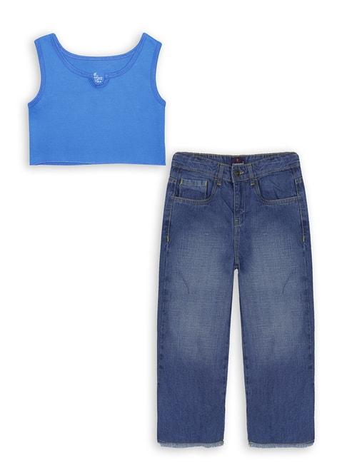 kiddopanti kids blue solid crop top with jeans