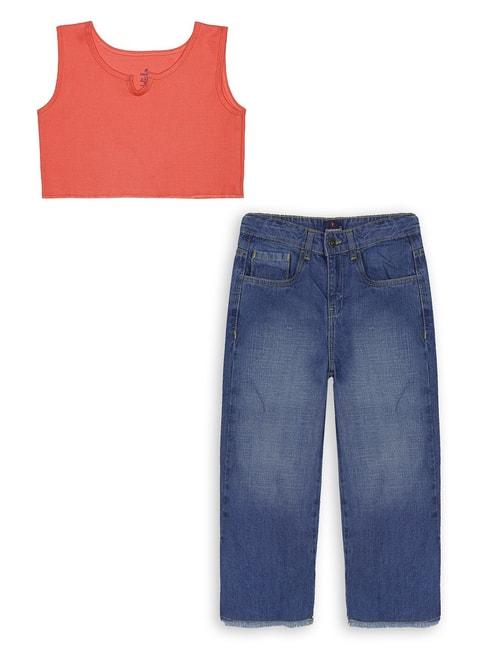 kiddopanti kids coral & blue solid crop top with jeans