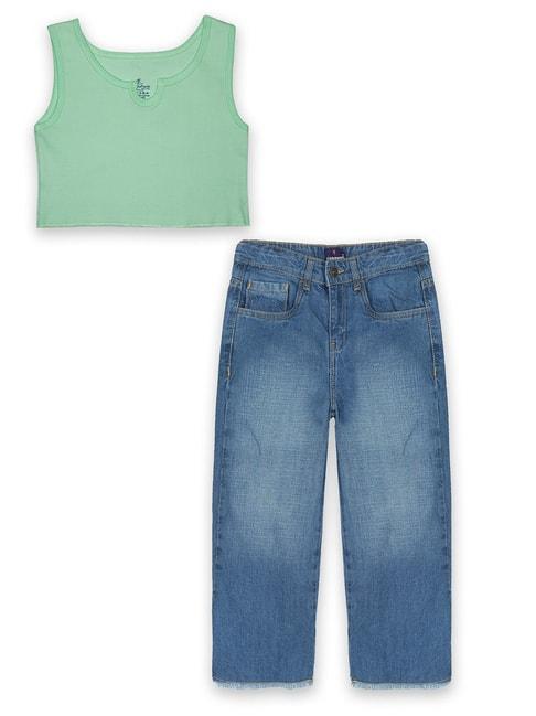 kiddopanti kids green & blue solid crop top with jeans