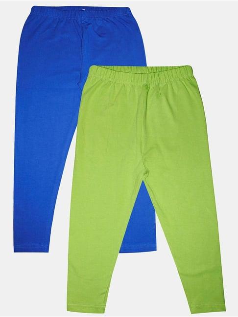 kiddopanti kids green & blue solid leggings (pack of 2)