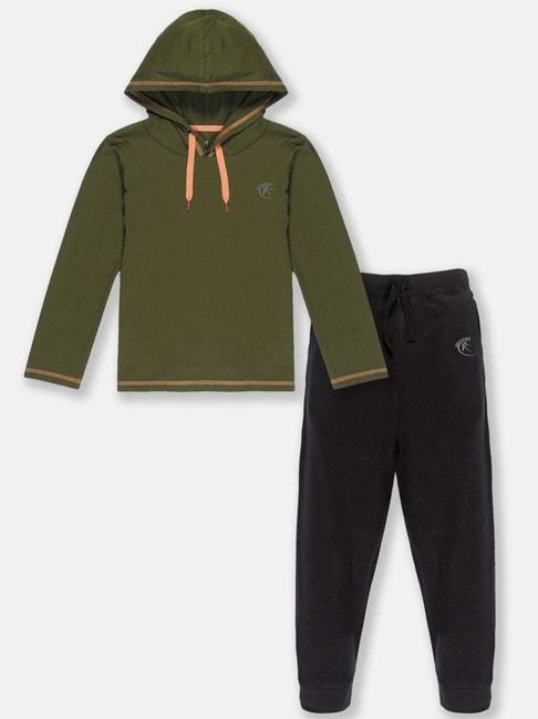 kiddopanti kids green & jet black cotton regular fit full sleeves t-shirt set