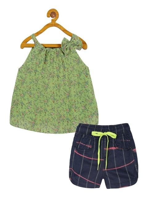 kiddopanti-kids-green-&-navy-floral-print-top-with-shorts