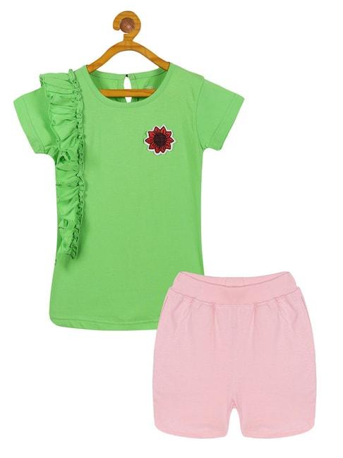 kiddopanti kids green & pink solid t-shirt with shorts