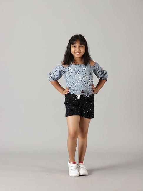 kiddopanti kids light blue & black floral print top with shorts