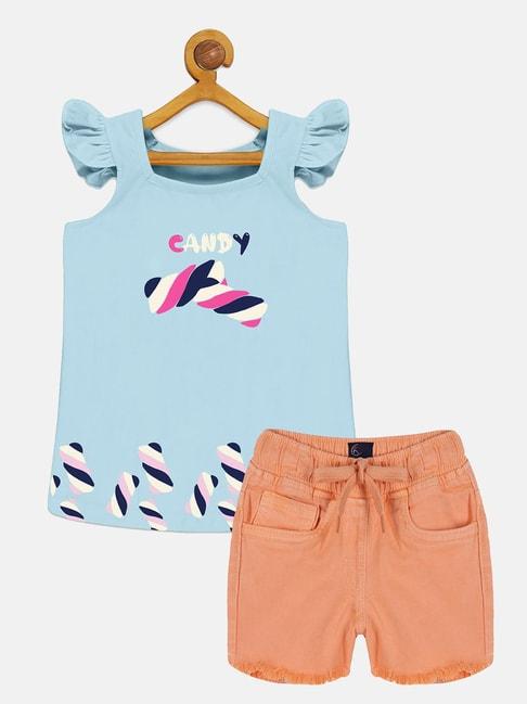 kiddopanti kids light blue & peach printed t-shirt with shorts