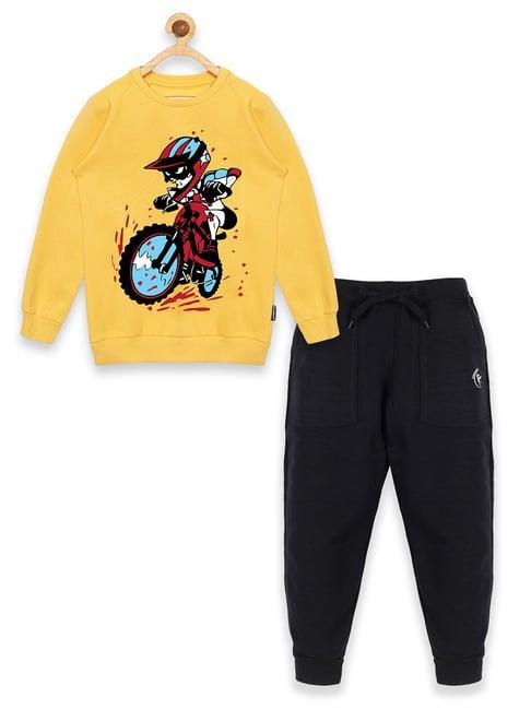 kiddopanti kids mustard & black printed sweatshirt with trackpants