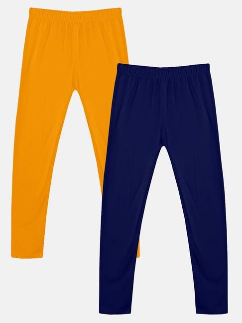 kiddopanti kids mustard & navy solid leggings (pack of 2)
