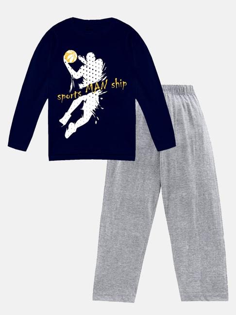 kiddopanti-kids-navy-&-grey-melange-printed-full-sleeves-t-shirt-with-pyjamas