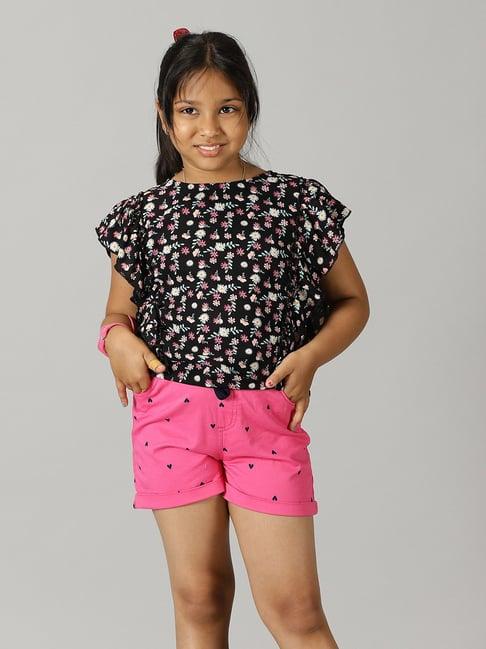 kiddopanti kids navy & pink floral print top with shorts