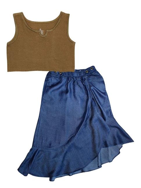 kiddopanti kids olive & blue solid crop tank top with skirt
