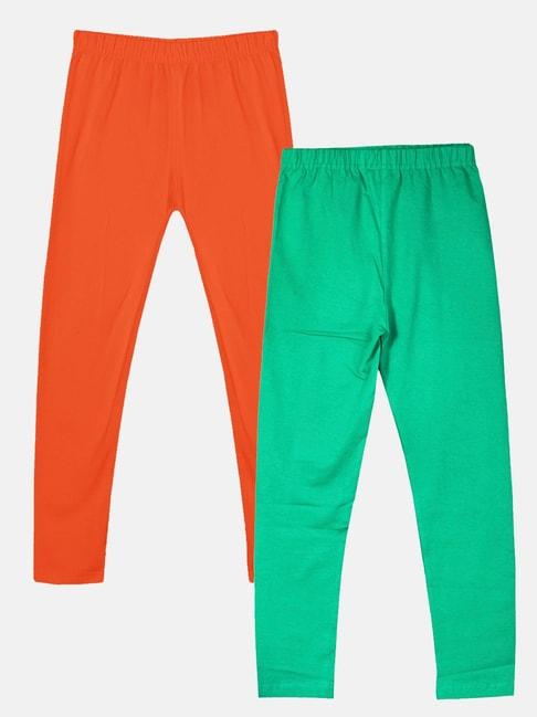 kiddopanti kids orange & green solid leggings (pack of 2)