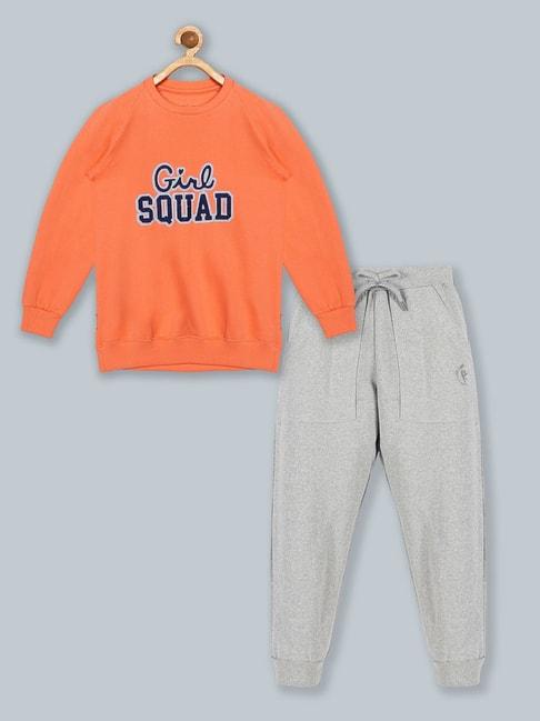 kiddopanti kids orange & grey embroidered full sleeves sweatshirt with track pants