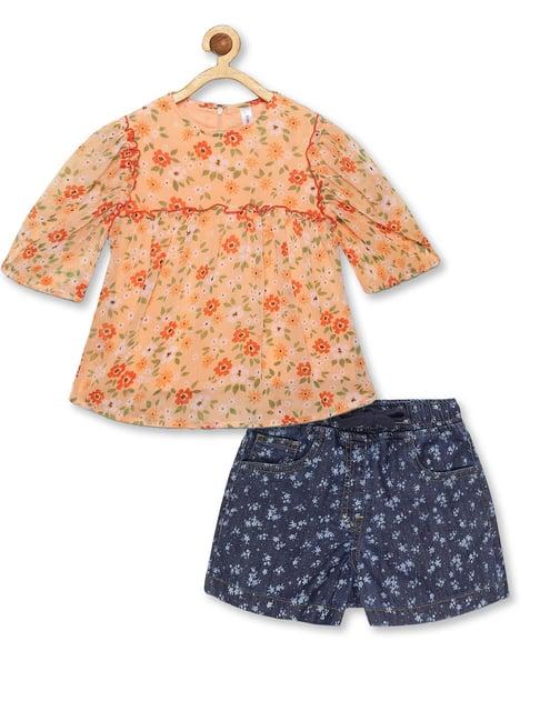 kiddopanti-kids-peach-&-blue-floral-print-full-sleeves-top-with-shorts