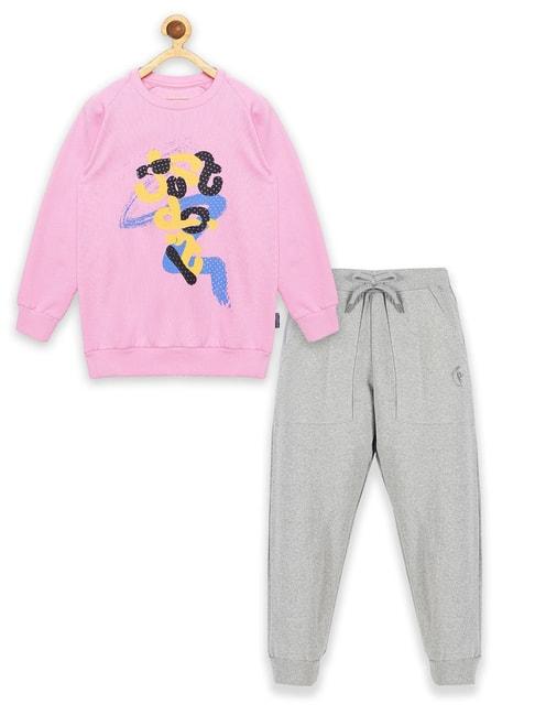 kiddopanti kids pink & grey melange printed sweatshirt with trackpants