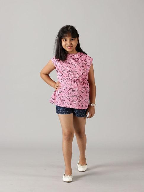 kiddopanti kids pink & navy printed top with shorts