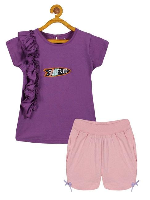 kiddopanti-kids-purple-&-pink-solid-t-shirt-with-shorts