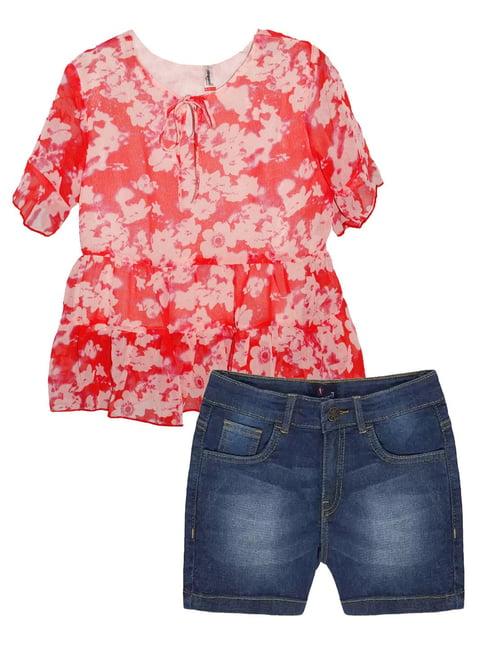 kiddopanti kids red & blue floral print top with shorts
