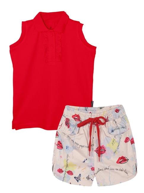 kiddopanti kids red & cream printed polo t-shirt with shorts