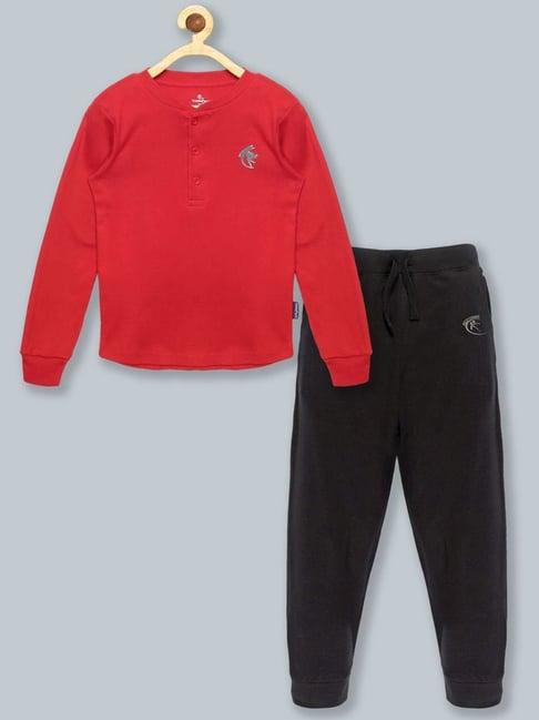 kiddopanti kids red & jet black cotton regular fit full sleeves t-shirt set