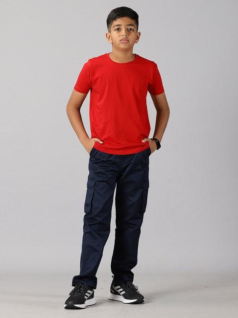 kiddopanti kids red & navy solid t-shirt with cargo pants