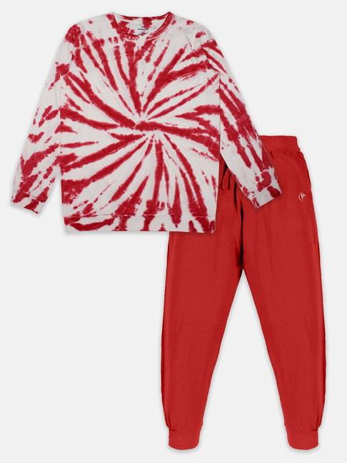 kiddopanti kids red & white printed full sleeves t-shirt with trackpants